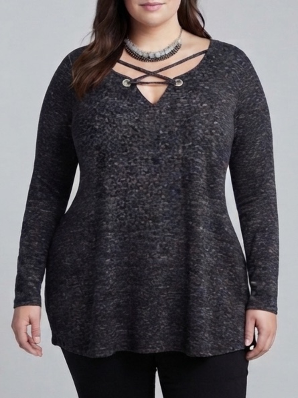 😍CLEARANCE LILY MORGAN Grey Knit Sweater Crossover Ties Neckline 3X